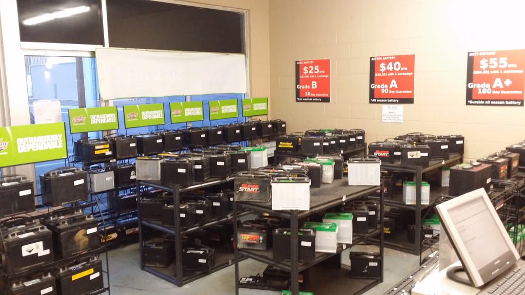 Graded, guaranteed restored batteries on the sales floor at the ReVolt Battery Exchange