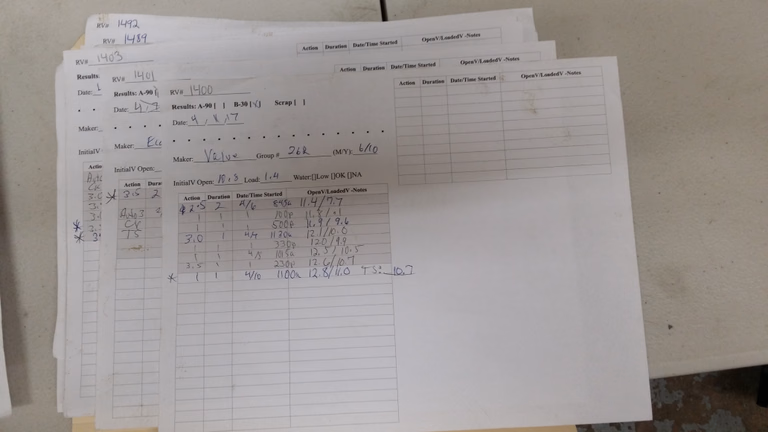 Individual record sheets from the successful side, with control numbers and voltage logs