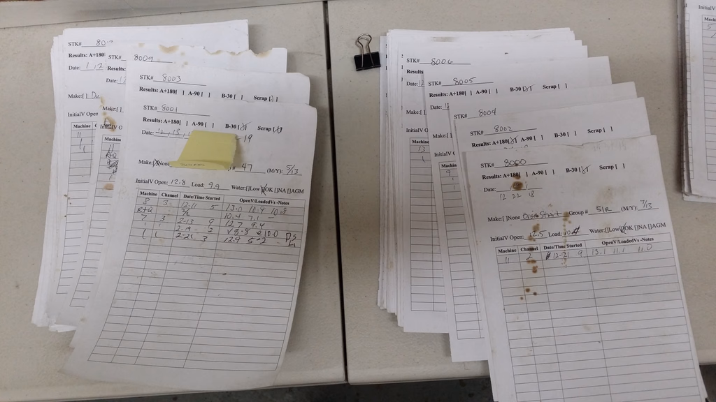 Later record sheets, numbered by stock number, with both successful and scrapped outcomes