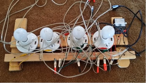 An early, deliberately crude rejuvenation rig built from four light bulbs, a diode, and hand-wired clips