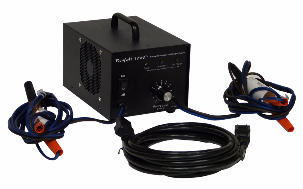 The ReVolt3000 Model 1P unit with its revitalize and recharge lead sets and power cord