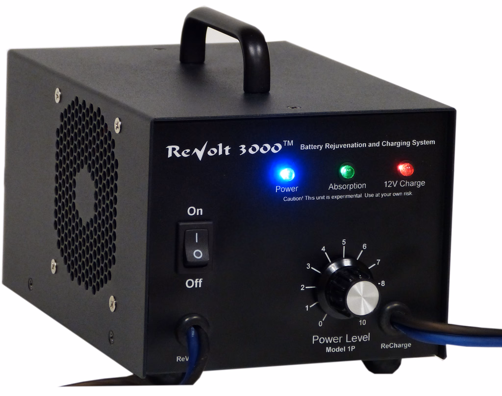 A ReVolt3000 Model 1P unit powered on, showing its Power Level dial and three status indicators